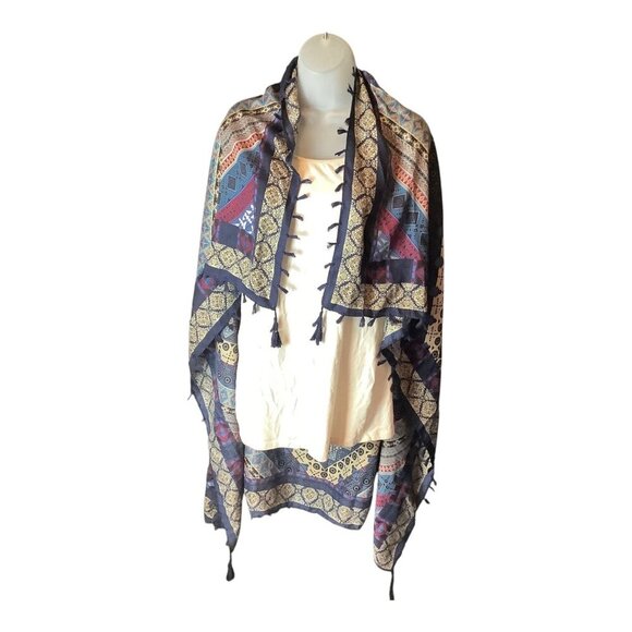 Bohemian Inspired Multicolor Tassel Shawl Wrap Scarf With Geometric Patterns - Picture 3 of 10